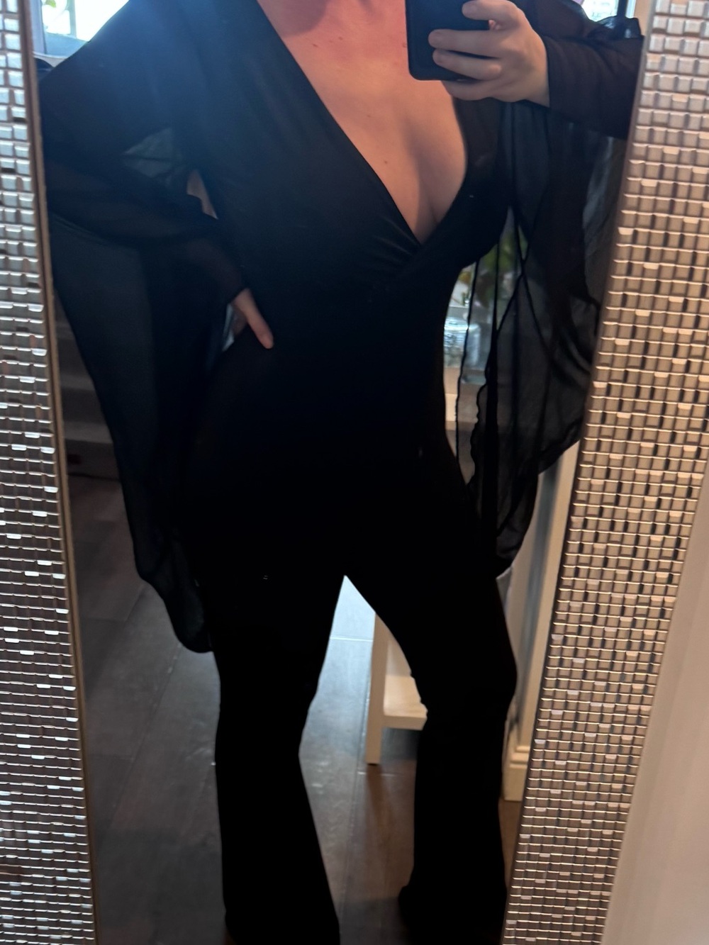 Fashion Nova Black V-Neck Sheer Bell-Sleeve Tunic